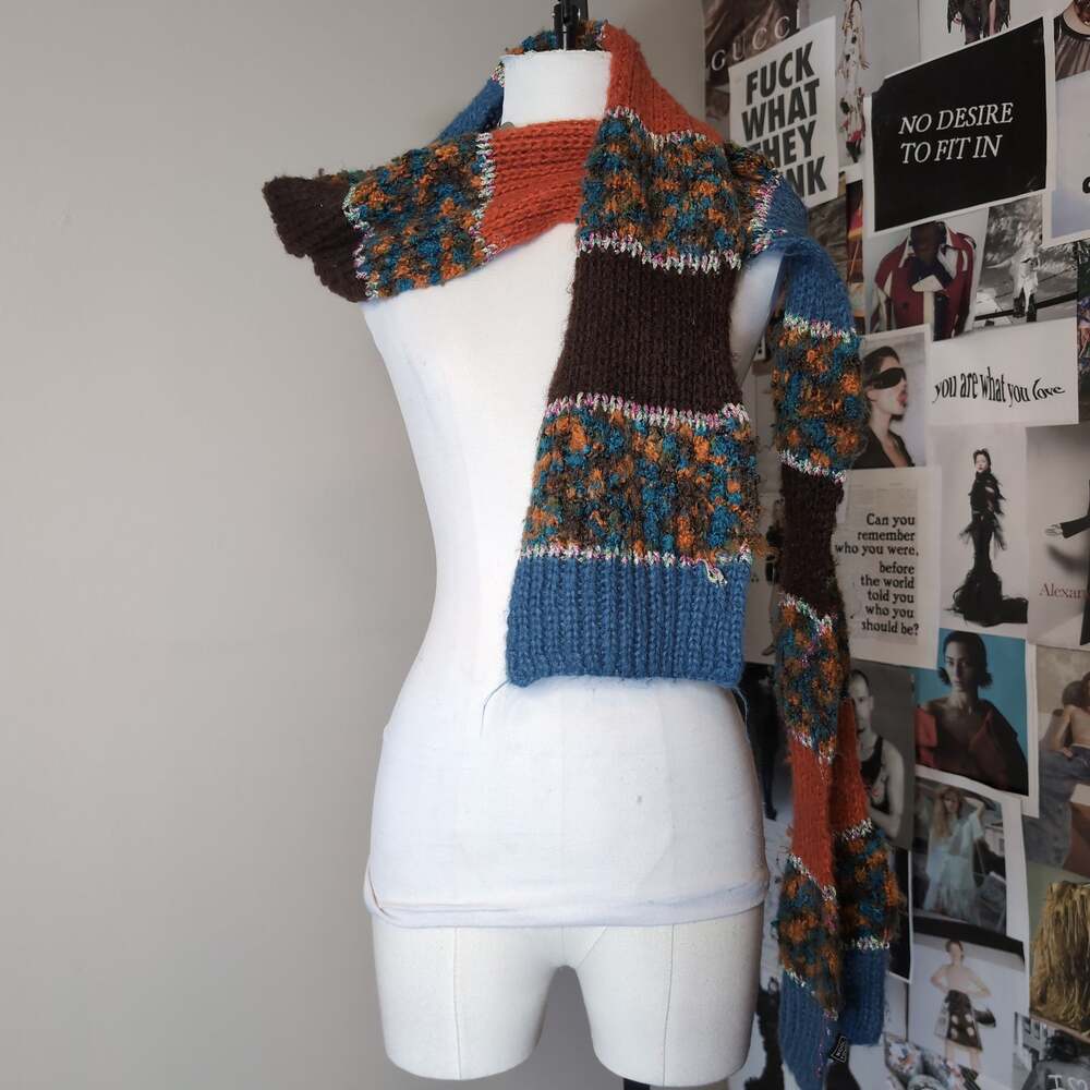Chunky Colorblock Knit Scarf with Metallic Trim